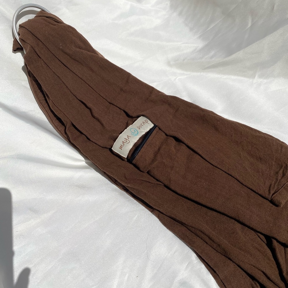 Brown Maya Wrap Ring Sling. Padded shoulder padded adds comfort for mama